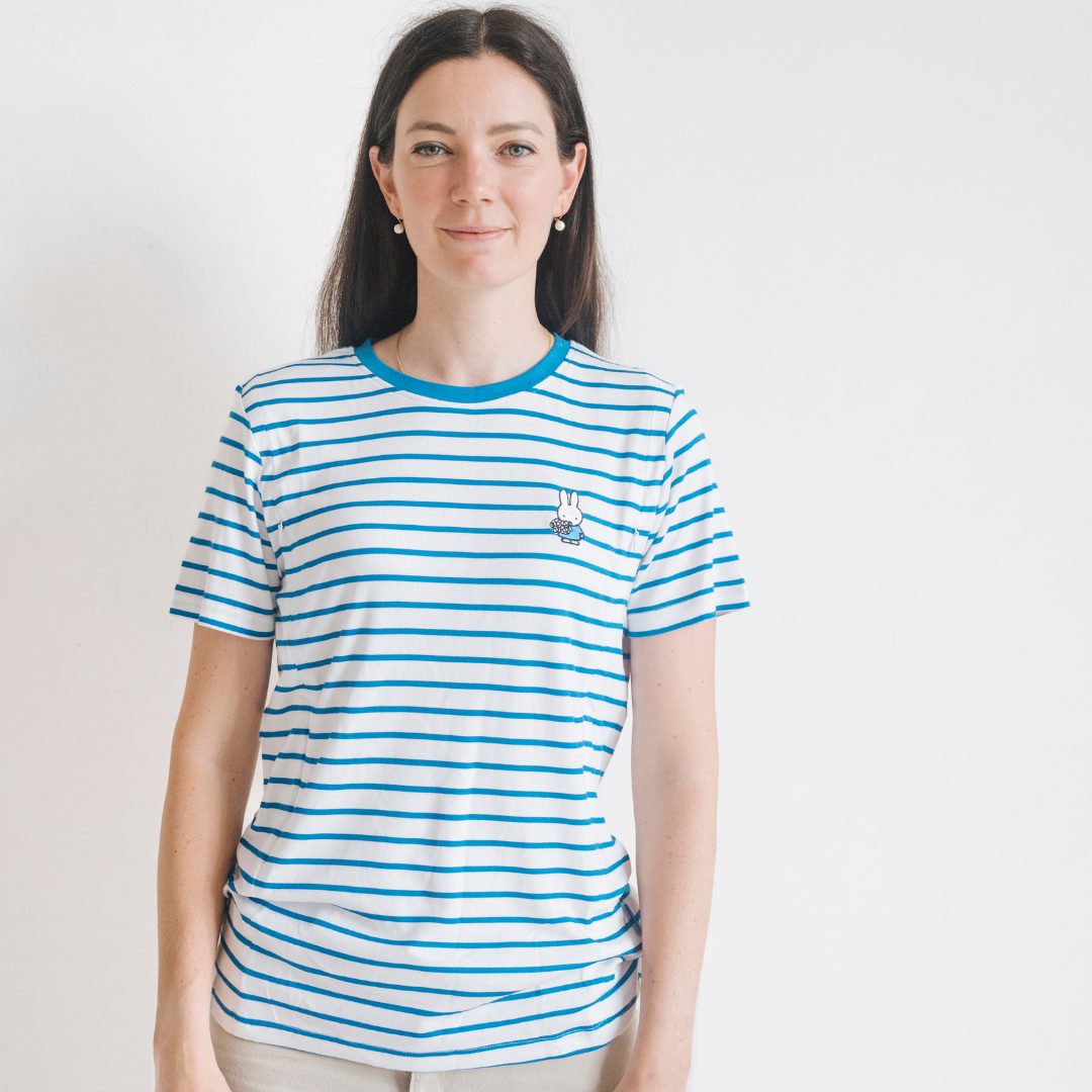 Woman wearing the Miffy striped breastfeeding T-shirt with hidden nursing zips
